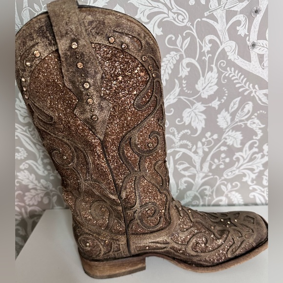 Corral Women’s Size 9.5M Glitter Inlay & Stud Taupe/Gold Square Toe Boots C3483 - Picture 8 of 13